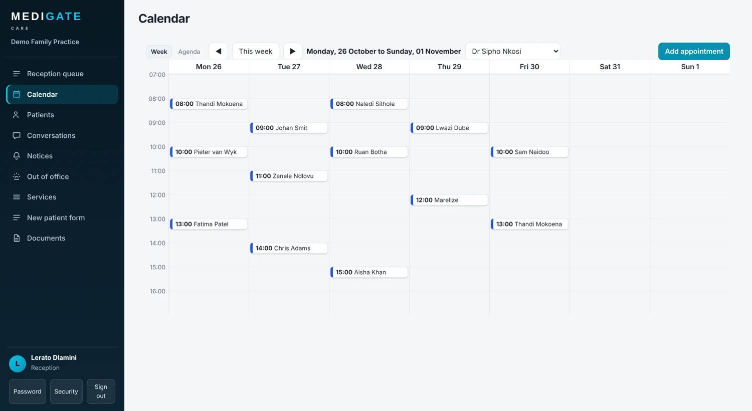 Week calendar in Medigate Care showing one doctor's appointments from Monday to Friday