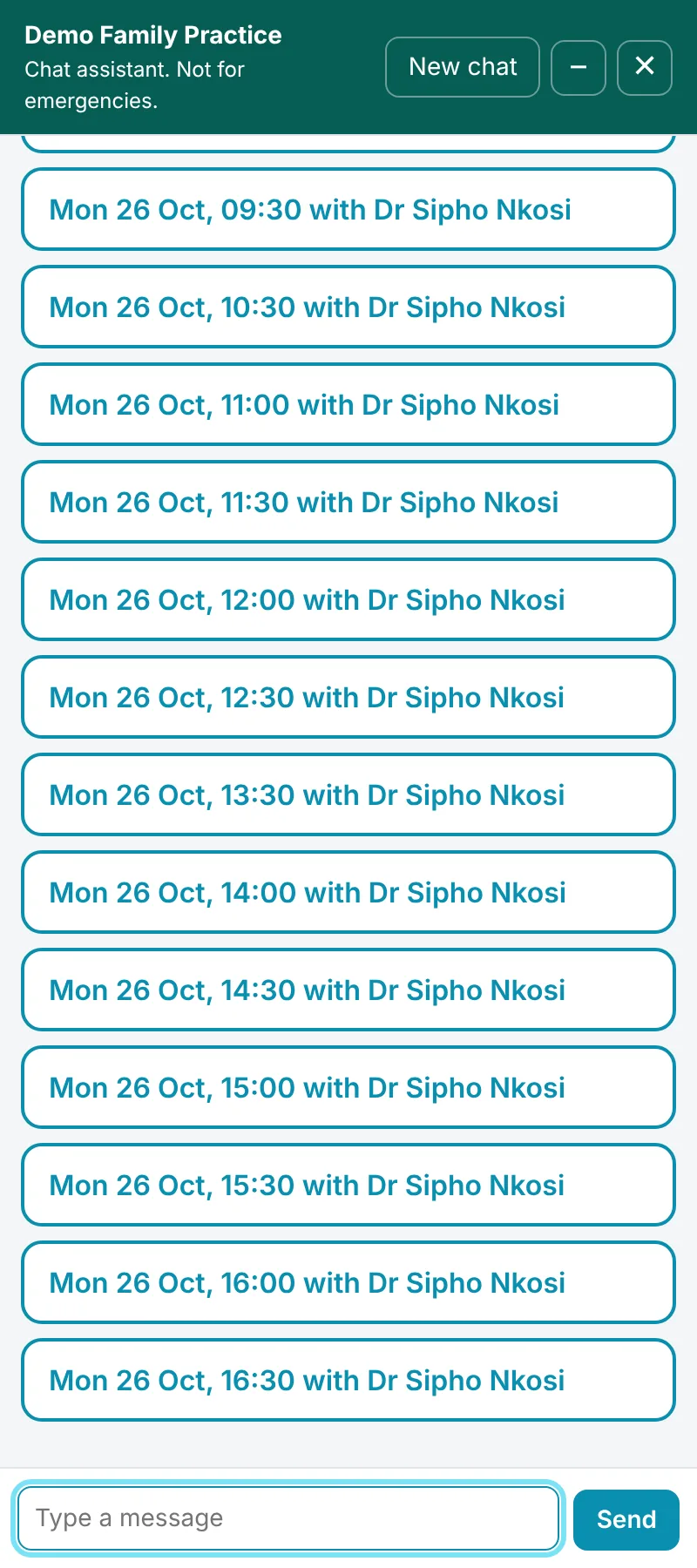 Patient chat on a phone showing every free appointment time for one doctor as large buttons