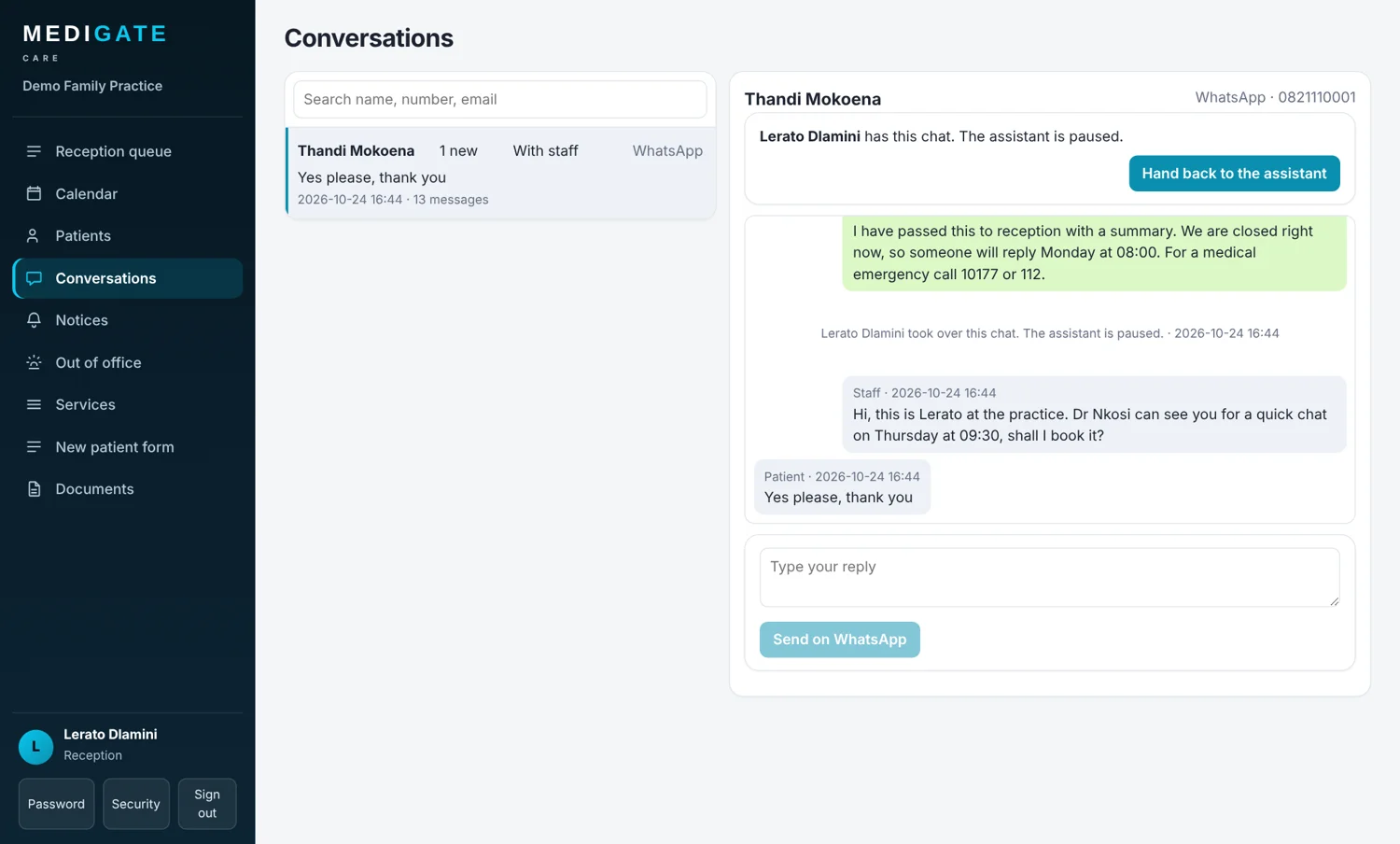 Conversations screen in Medigate Care with a WhatsApp chat taken over by reception and a Hand back to the assistant button