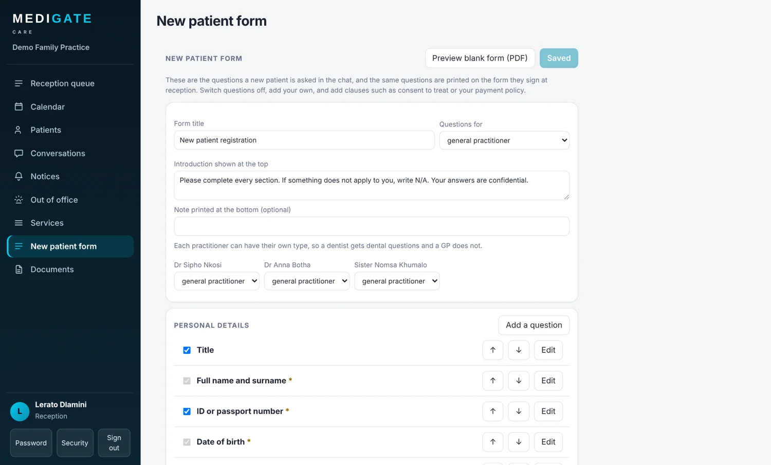 New patient form setup in Medigate Care with a list of questions that can be switched on or off