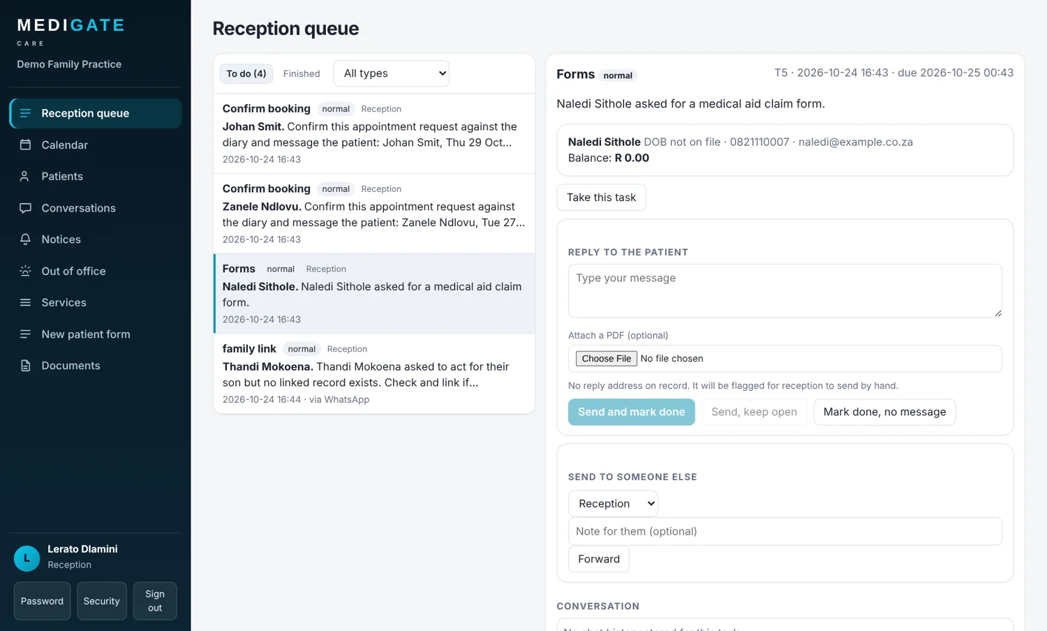 Reception queue in Medigate Care with booking requests and a live chat