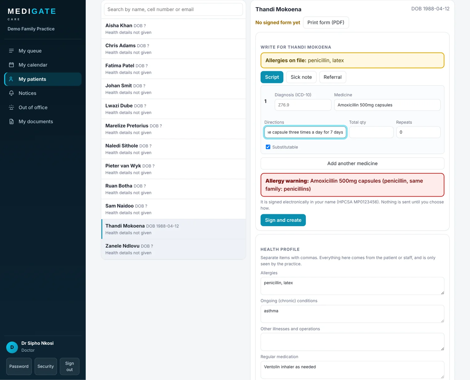Patient profile in Medigate Care showing an allergy warning while a doctor writes a script